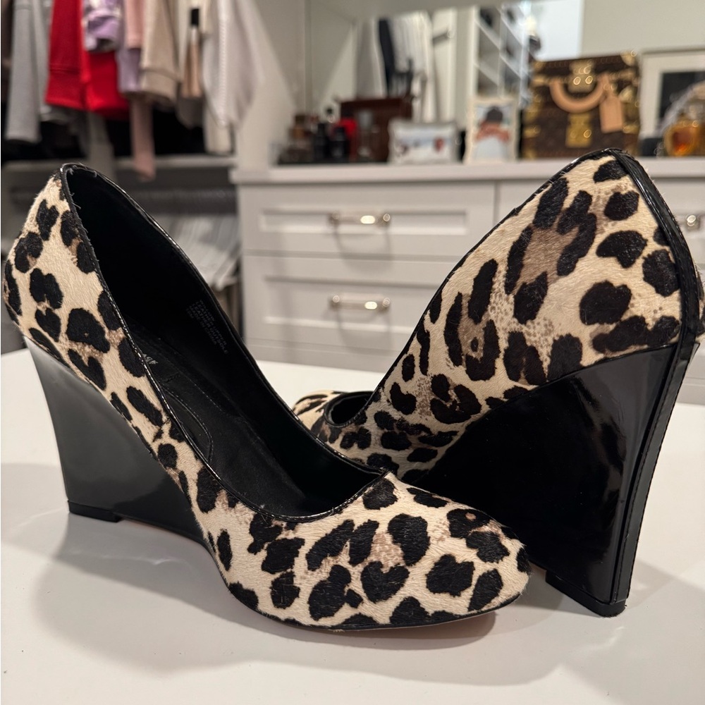 White House Black Market leopard wedge shoes
